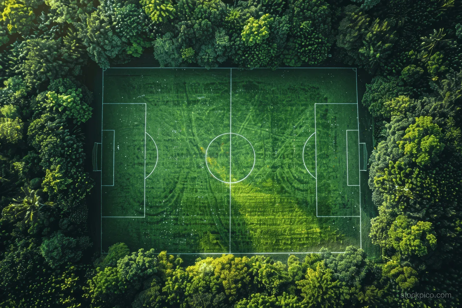 Aerial view of a green soccer field with white markings and goal areas framed by surrounding trees.
