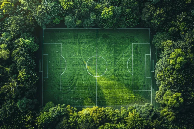 Aerial view of a green soccer field with white markings and goal areas framed by surrounding trees.