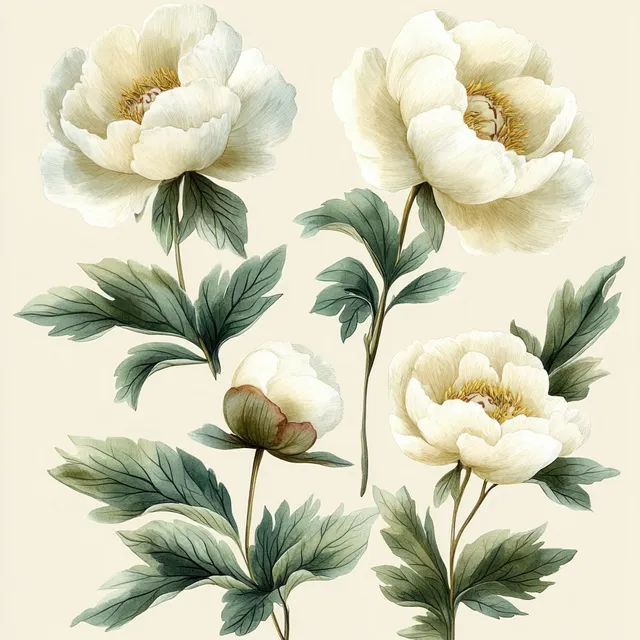 Vintage watercolor peonies with leafy branches arranged for card invitations and summer decor