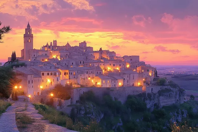 Matera medieval hilltop town glowing at sunset with ancient stone houses and panoramic skyline