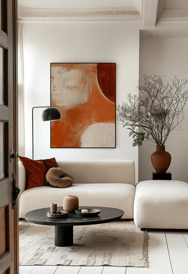 Beige sofa and black coffee table in a bright minimal living room with terracotta abstract wall art and a potted plant.