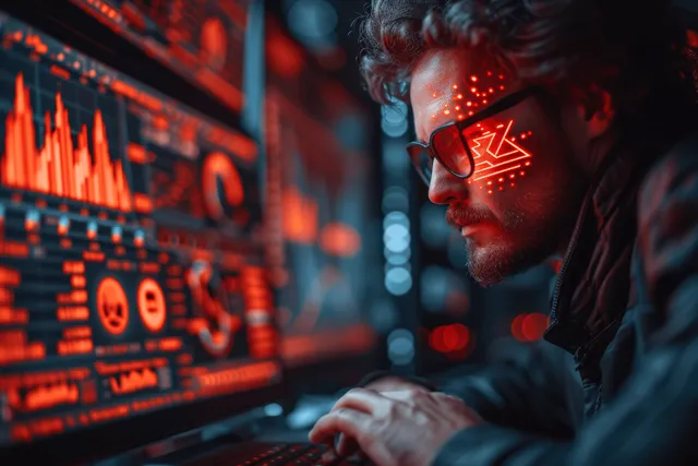 Businessman in office studying glowing economic risk chart on laptop, red alerts visible