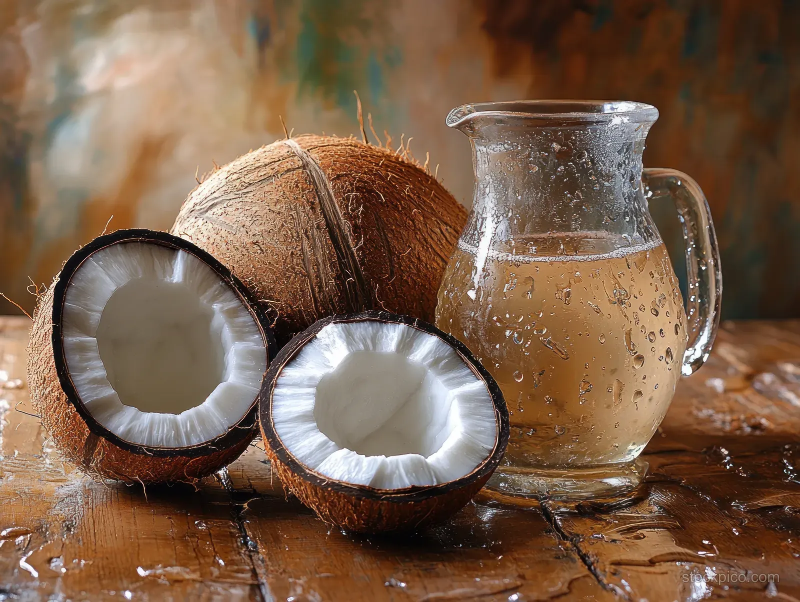 Halved coconuts and a glass jug of coconut water with condensation droplets on a wooden table.