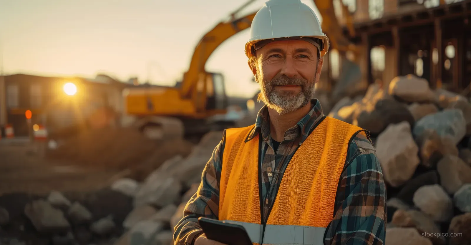 Smiling senior engineer in high-visibility vest checks a tablet on a construction site during earthworks at sunset.