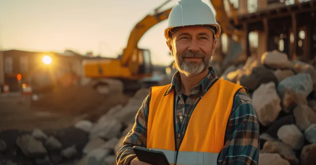 Smiling senior engineer in high-visibility vest checks a tablet on a construction site during earthworks at sunset.
