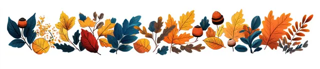 Kawaii autumn leaves and acorns ribbon banner on white background with teal highlights