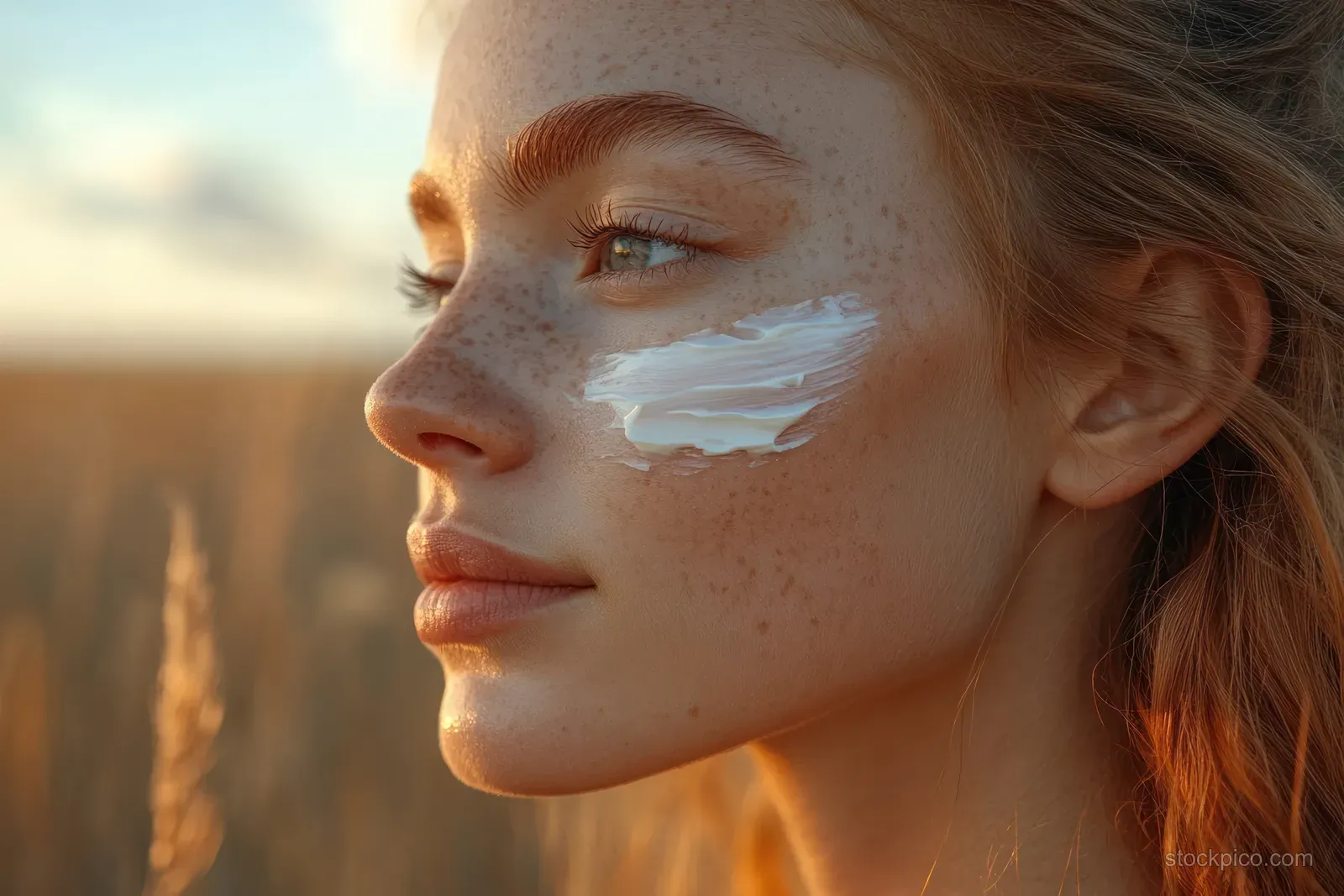 Young woman applying creamy moisturizer to her face after shower in a bright bathroom setting.