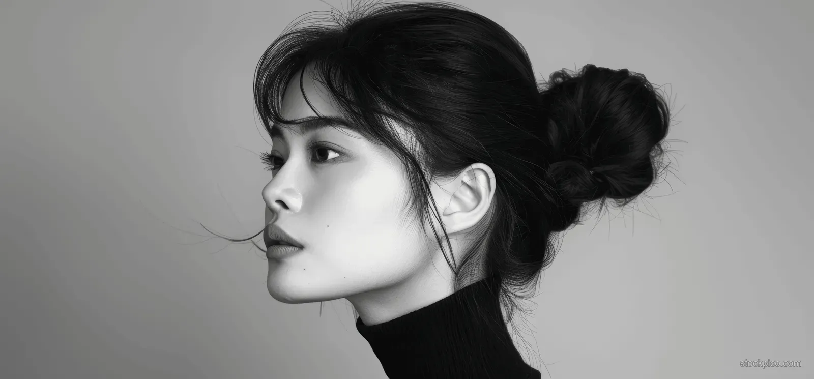 High-contrast black-and-white profile portrait of a young Asian woman in a black turtleneck against a plain gray background.
