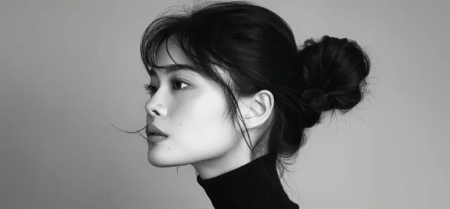 High-contrast black-and-white profile portrait of a young Asian woman in a black turtleneck against a plain gray background.