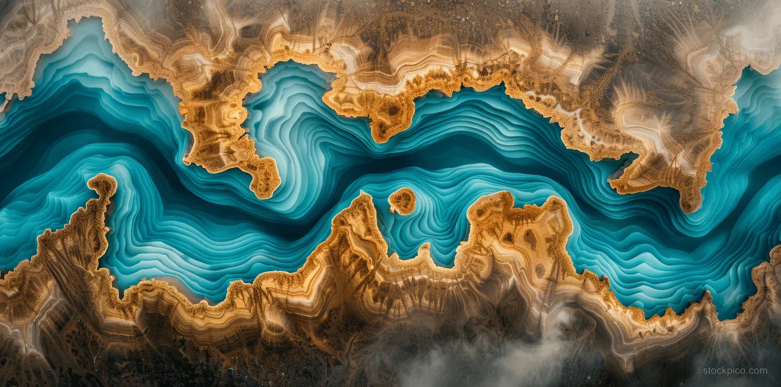 Aerial view shows turquoise epoxy river channels winding across cracked brown wood grain with smoky highlights.