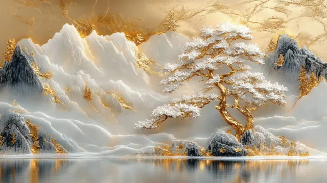 Snow-covered mountains surround a still lake, reflecting golden light beside an isolated white tree growing from rocks.