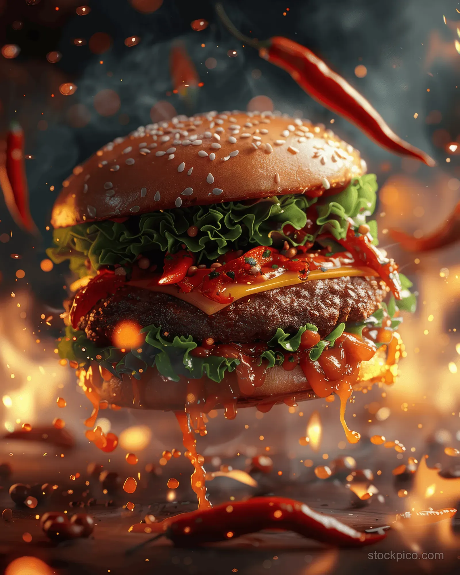 A spicy burger with sesame bun, lettuce and melted cheese, hot sauce dripping as chili peppers and flames surround it.