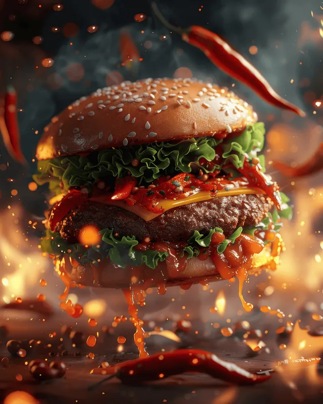 A spicy burger with sesame bun, lettuce and melted cheese, hot sauce dripping as chili peppers and flames surround it.