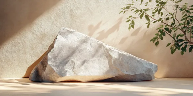 A minimalist still life showcases an angular stone on a smooth neutral surface with soft natural light and gentle shadows.