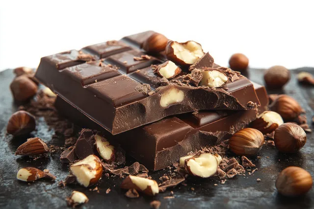 Broken dark chocolate bars with whole and chopped hazelnuts scattered on a dark textured surface.