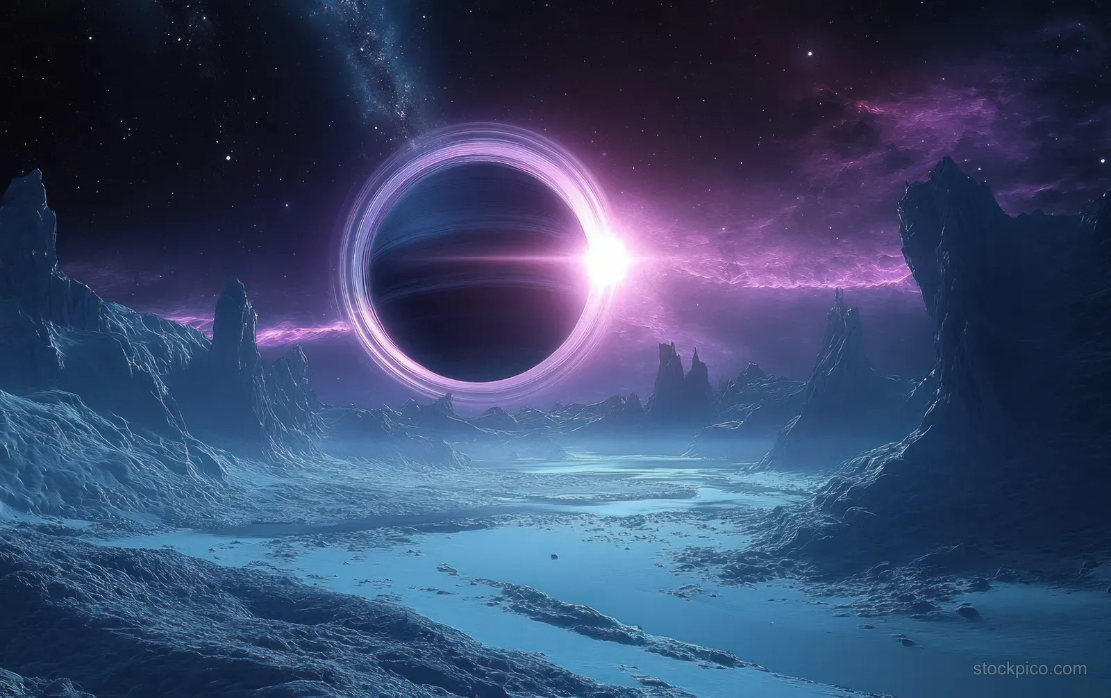 A ringed planet glows purple above an alien landscape under a starry sky and nebula haze.