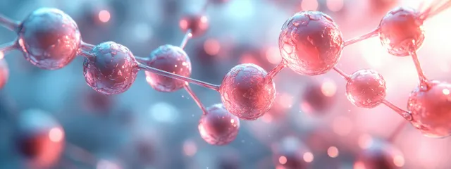 Glowing red and blue molecular spheres float in a soft bokeh background with futuristic lab lighting.