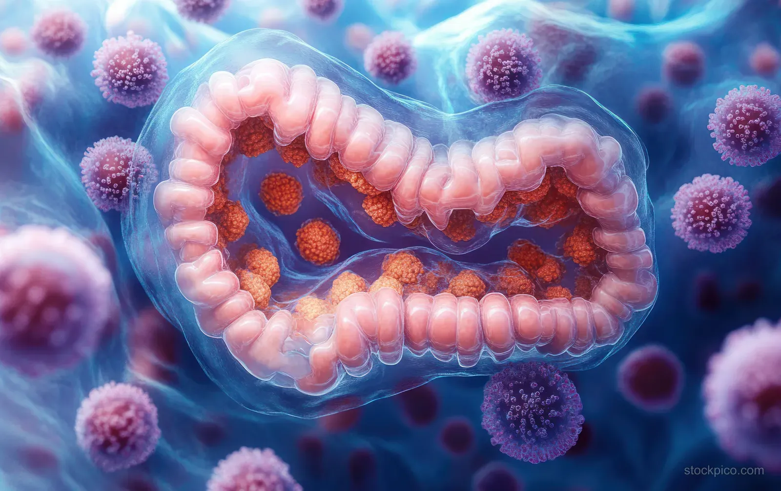 Colorful watercolor intestine with visible cell-like spheres swirling in fluid and soft glowing particles around it.