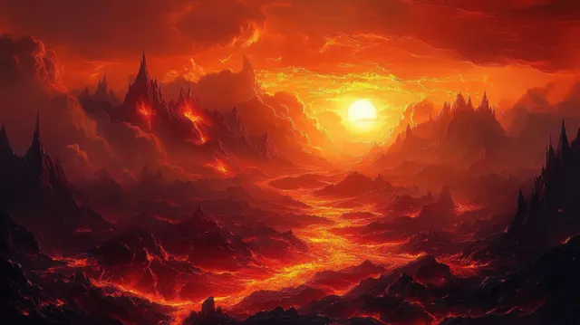 Jagged lava-filled mountains glow beneath a blazing red sun and smoky fiery clouds.