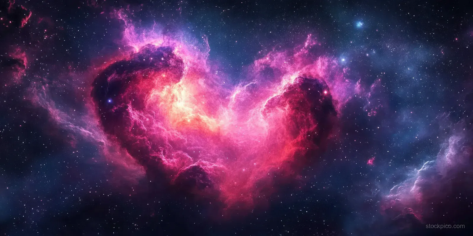 Heart-shaped nebula glows in pink and purple within a swirling galaxy filled with stars.