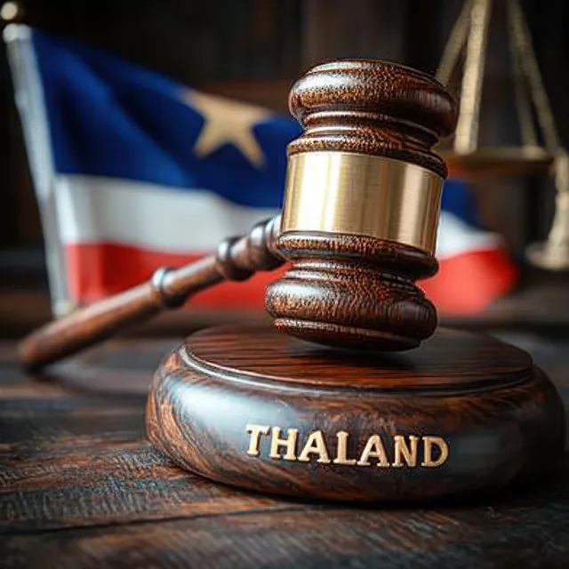 Wooden judge gavel on a circular base engraved THAILAND, with a blurred flag and justice scales symbol in the background.