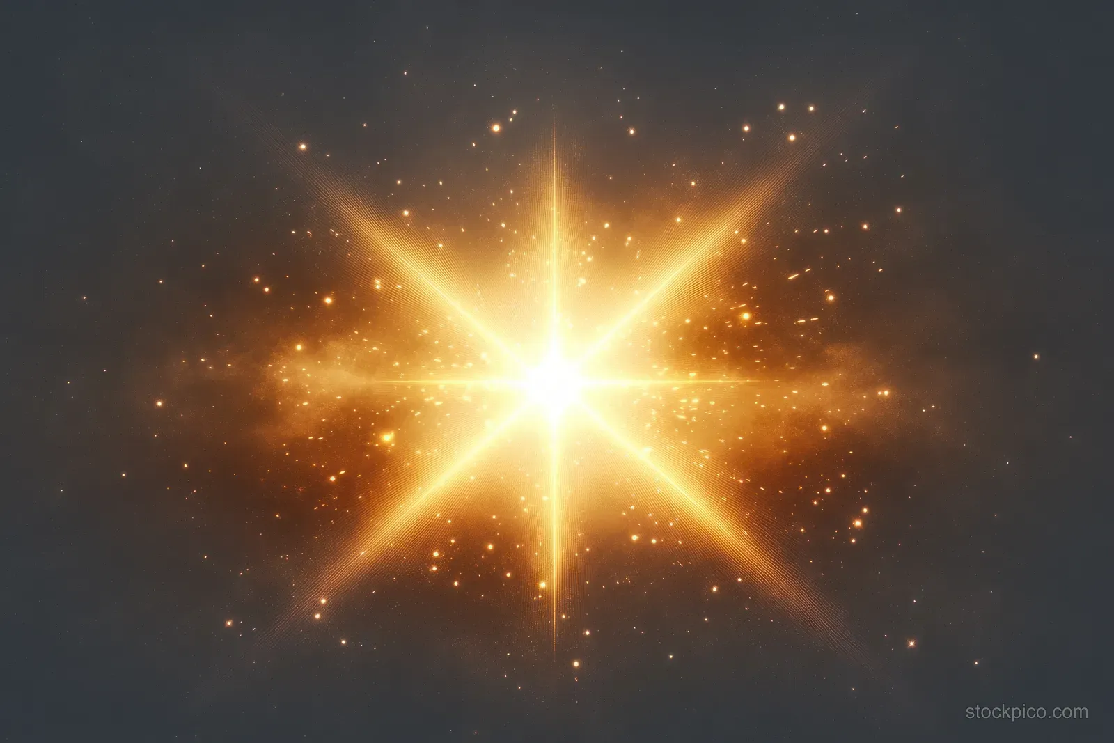 A golden starburst glows with radiant beams and sparkling particles against a dark space background.