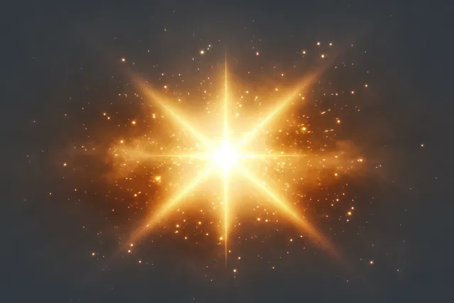A golden starburst glows with radiant beams and sparkling particles against a dark space background.