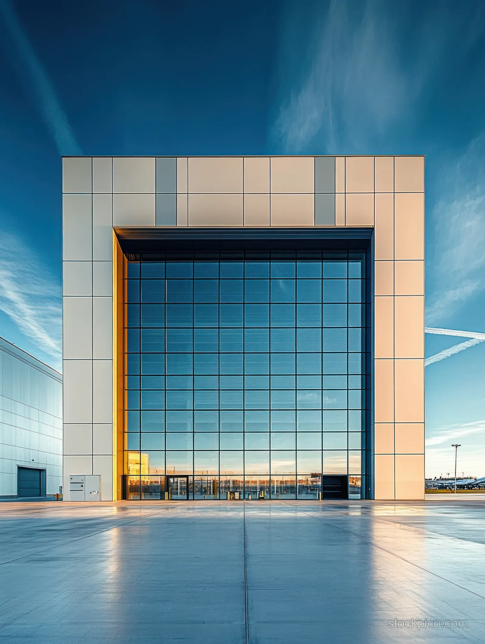 Modern industrial building entrance with a large reflective glass facade under golden sunlight and a blue sky with contrails.