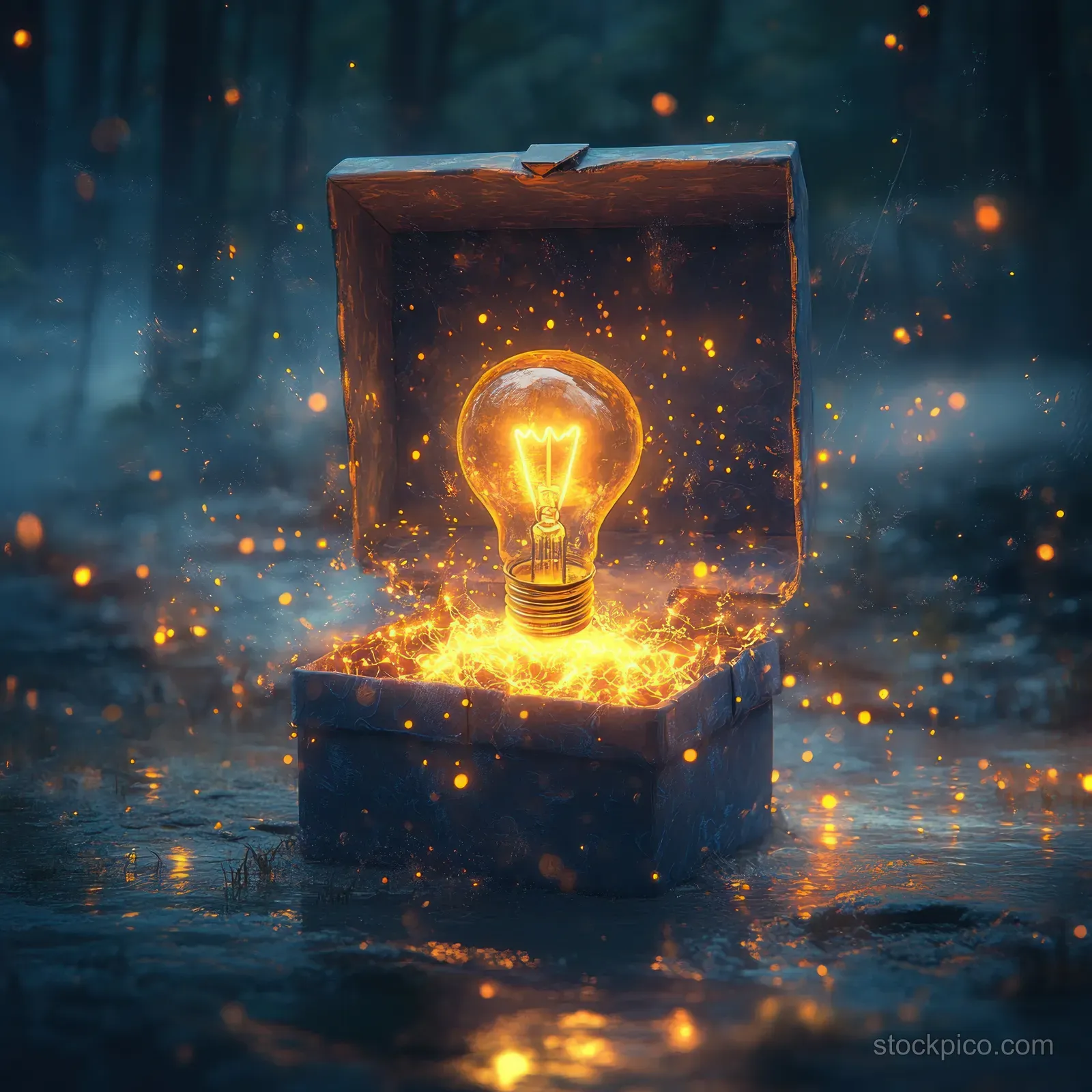 Open gift box shows a glowing light bulb inside with sparks floating in a dark scene.