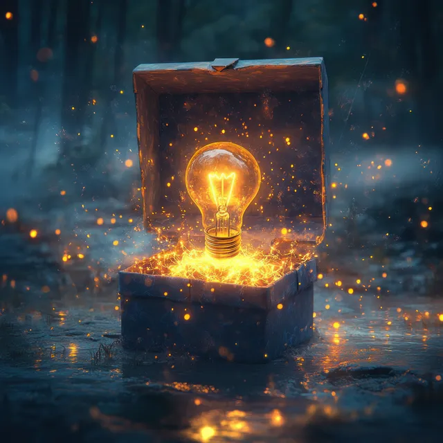 Open gift box shows a glowing light bulb inside with sparks floating in a dark scene.