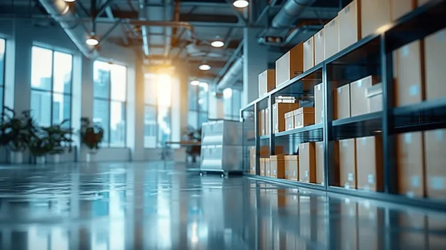 Empty open office corridor with panoramic windows and a glass reception counter reflecting sunlight on the floor.