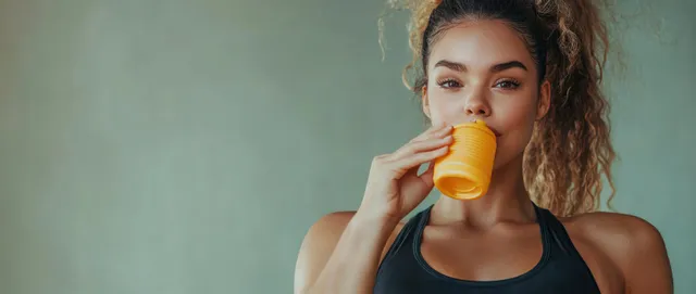 Fit woman in minimalist gym sipping water from a yellow bottle, soft teal backdrop