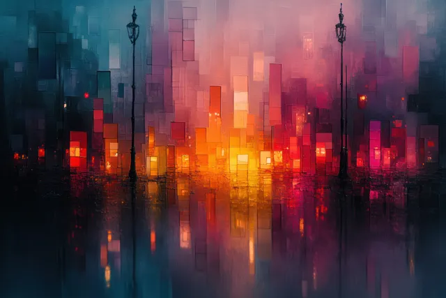 Blurred night skyline with colorful glowing windows reflected on a wet, rainy street.