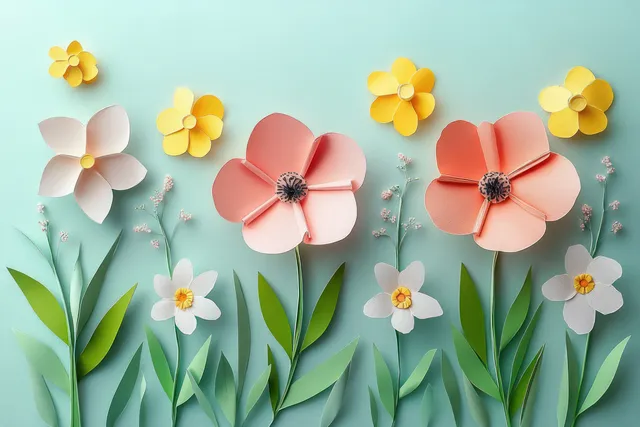 Handmade paper flowers with layered petals and small egg-shaped accents arranged on a pastel blue background.