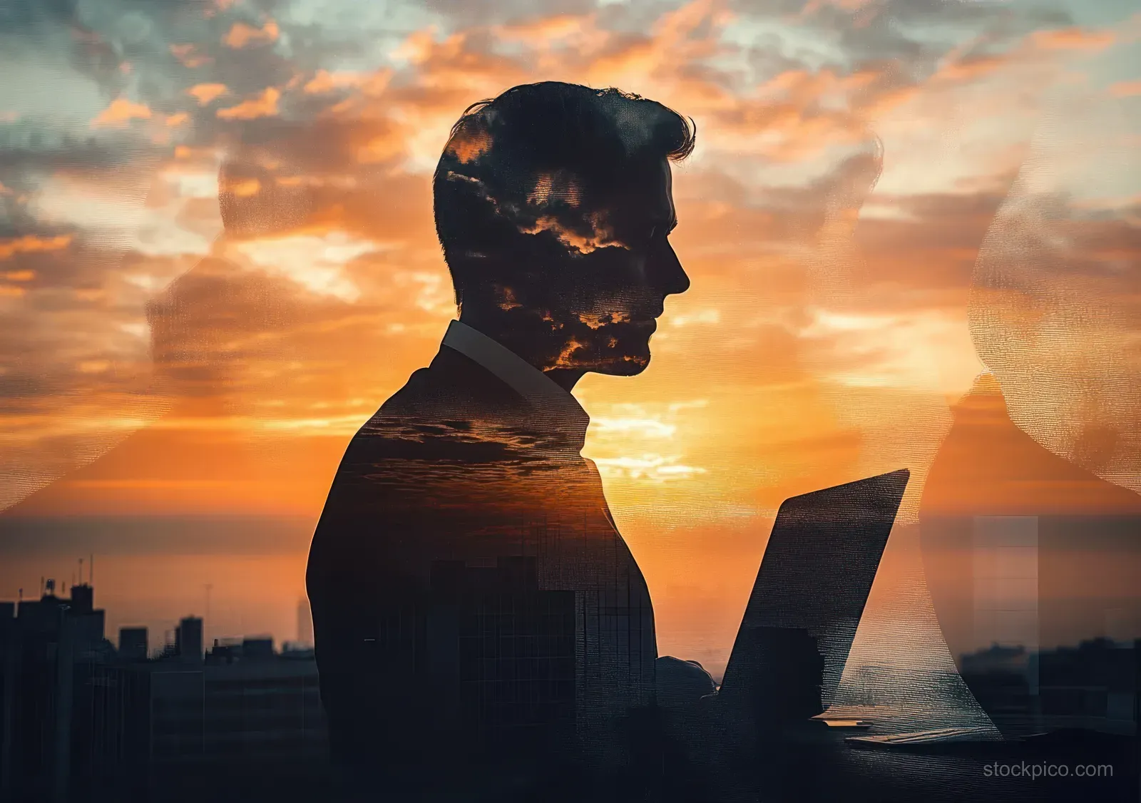 Silhouette of a man typing on a laptop at a window with a city skyline and sunset reflections in view.