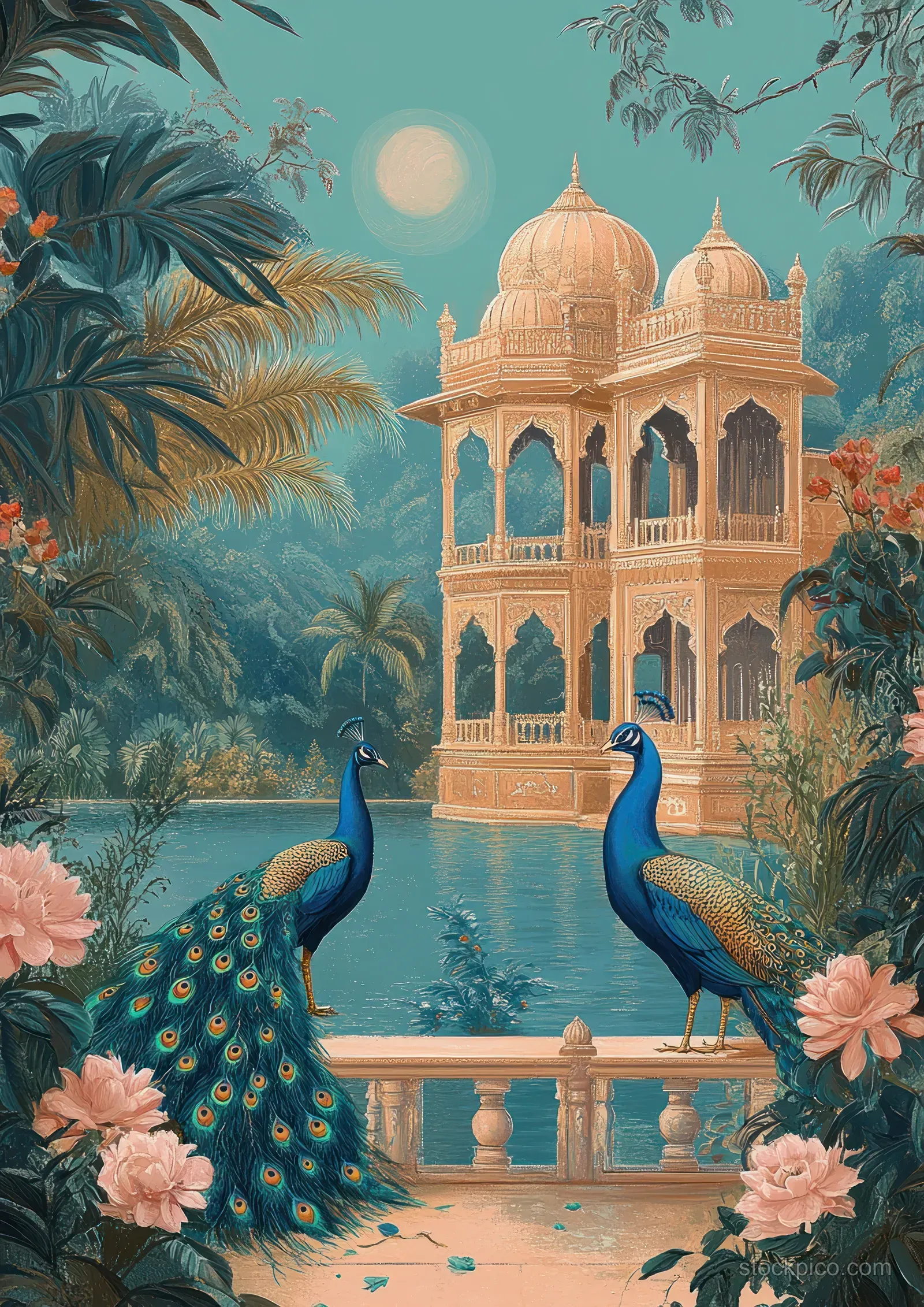 Two peacocks stand in a pastel Mughal garden before a domed palace with lotus blossoms under a moonlit sky.