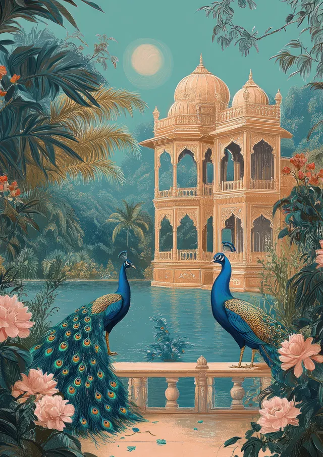 Peacock pair in a Mughal garden beside pastel palace architecture at moonlit dusk
