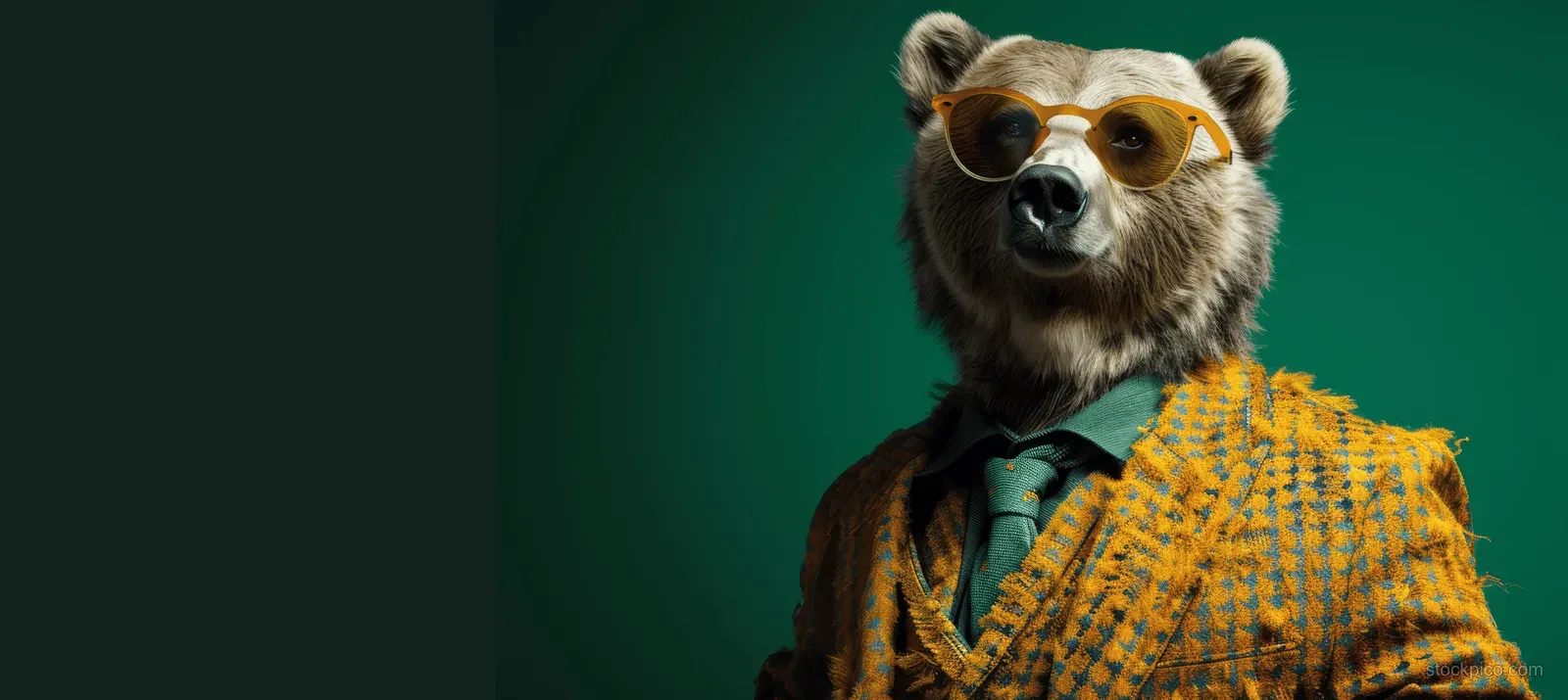 Bear wearing sunglasses and a green and yellow suit posing in a studio with a green background and empty copy space.