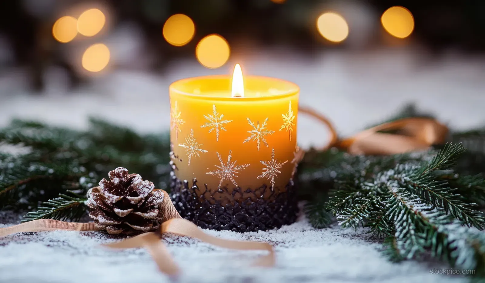 Burning orange candle rests in snowy ground with pine cone and evergreen branches, backed by golden bokeh lights.