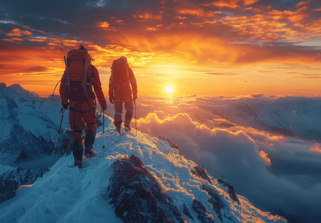 Two mountaineers hike along a snowy mountain ridge at sunset with orange clouds below.