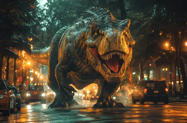 T-Rex rampaging through a rainlit nighttime city, roaring beside crashed cars and lit buildings