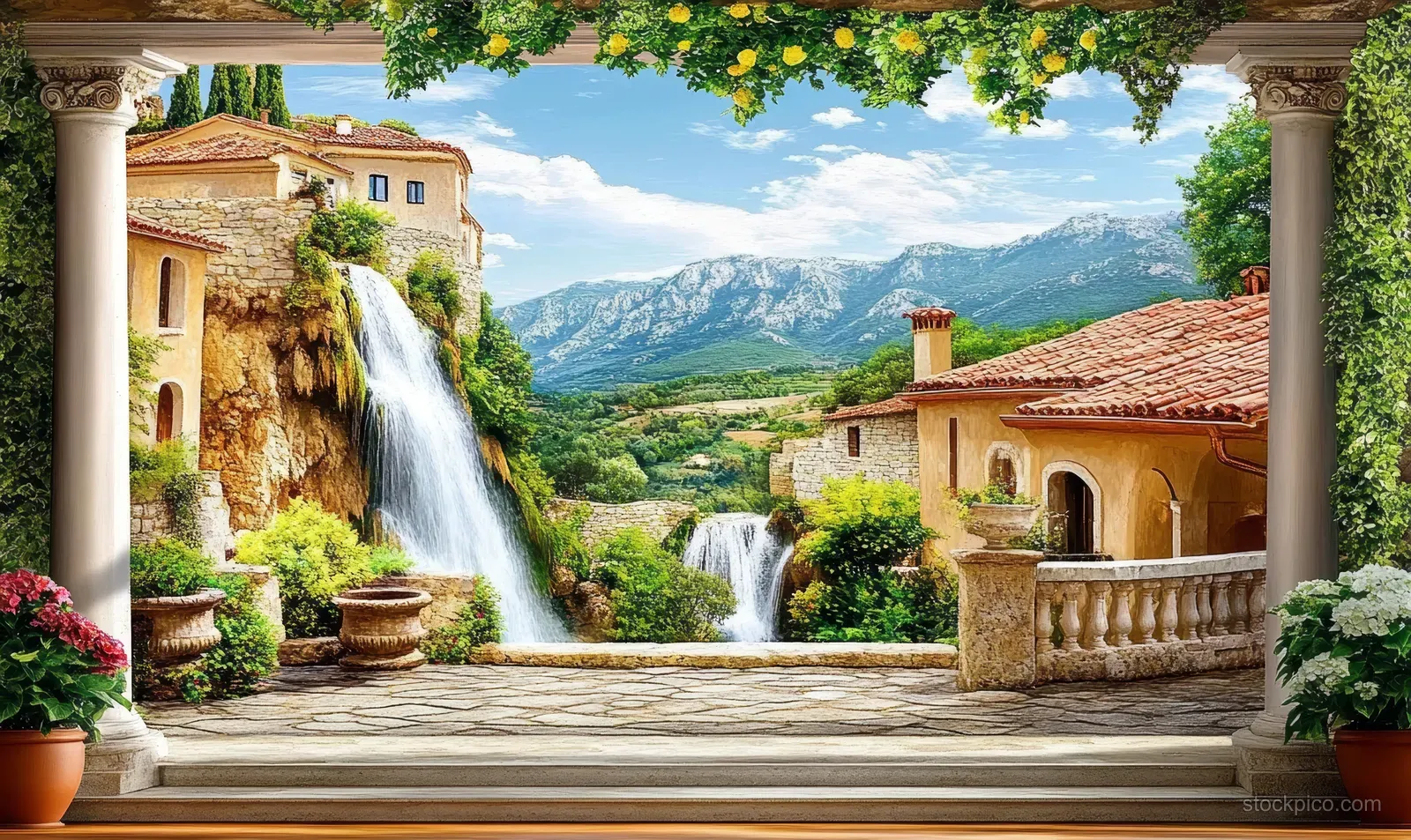 A villa balcony with stone columns frames twin waterfalls, lush gardens, and terracotta rooftops in an Italian valley.