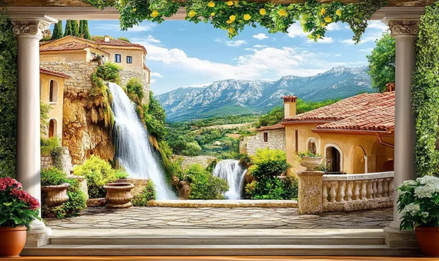 Mediterranean villa balcony view framing twin waterfalls and terracotta rooftops in Italy
