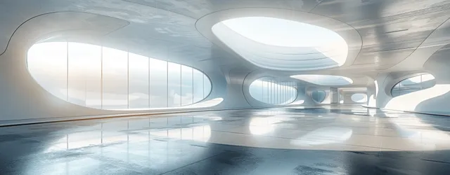 Curved white futuristic interior with glass openings and a smooth concrete floor lit by bright ceiling fixtures.
