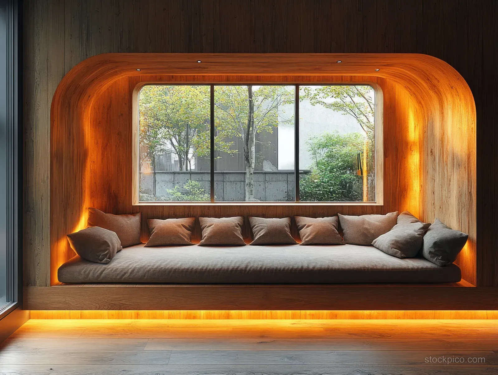 Warm-lit wooden window nook with neutral cushions arranged along a built-in bench beneath large glass panels.