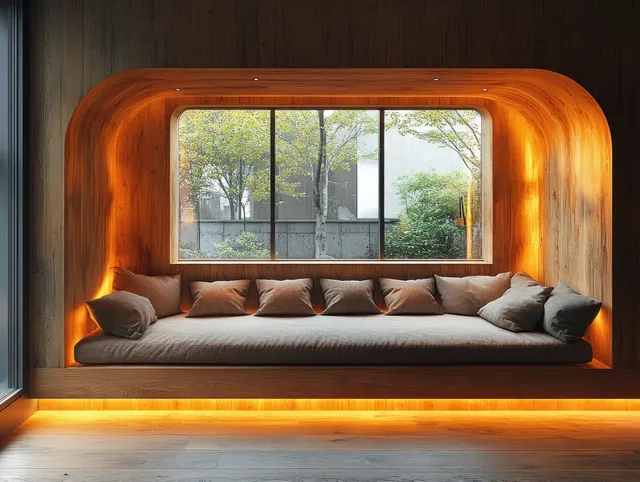 Warm-lit wooden window nook with neutral cushions arranged along a built-in bench beneath large glass panels.