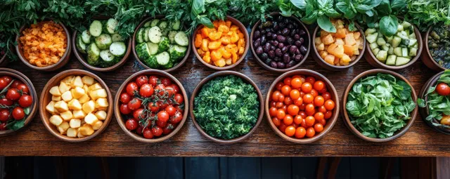 Mediterranean lunch bowls and leafy vegetables arranged on a rustic wooden table in an overhead layout.