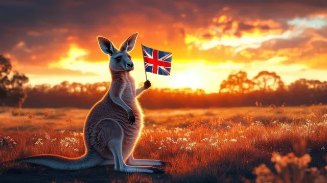 Kangaroo sitting in a sunset field, holding a red white blue flag under stormy clouds