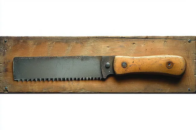 Vintage serrated hand saw with wooden handle resting on a worn wooden plank.