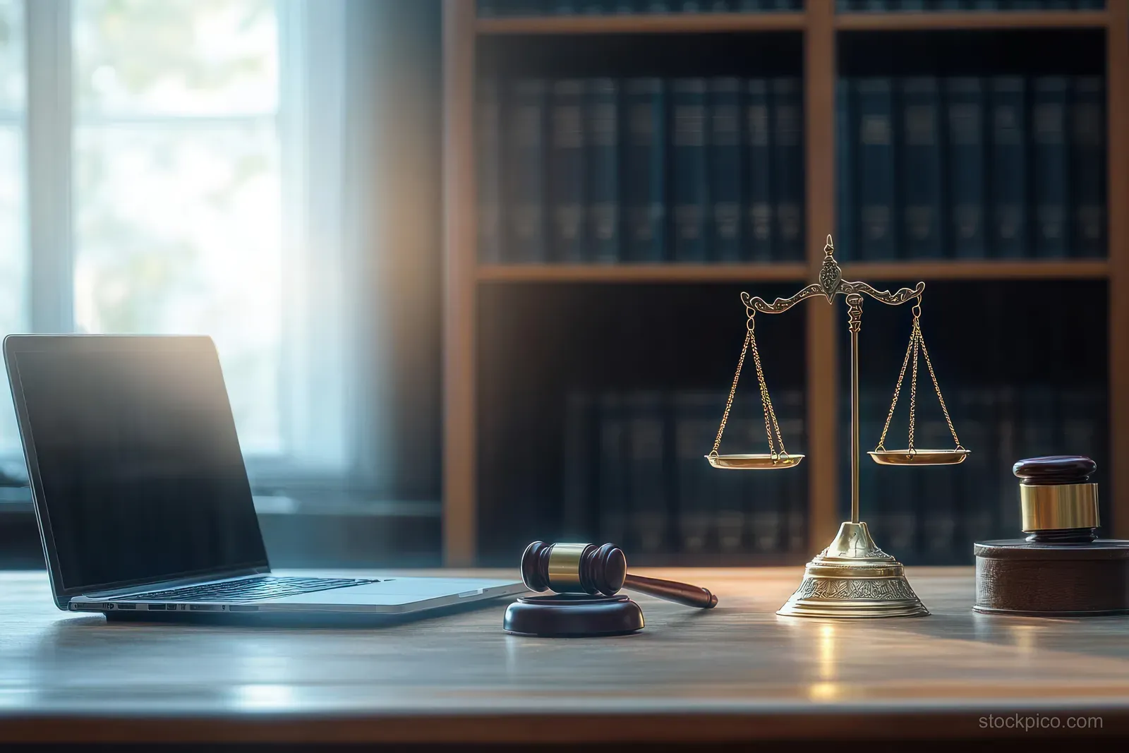 Brass justice scales, wooden gavel, and open laptop rest on a wooden desk beside law books in warm sunlight.